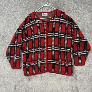 Vintage 80s Kobe Cardigan Sweater Womens 3X Red Tartan Coastal Christmas Holiday